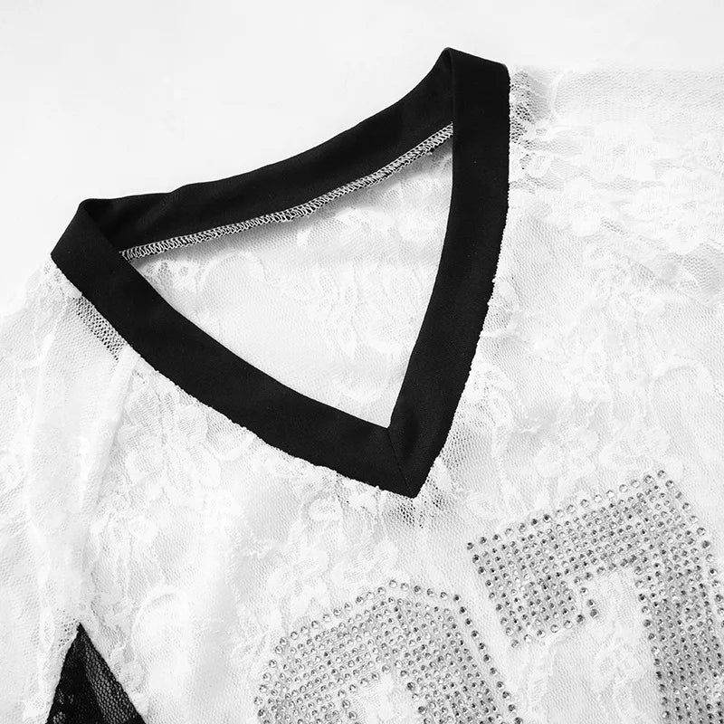 Weird Puss Mesh Patchwork 2 Piece Set Women Rhinestones V-Neck Short Sleeve Crop Tops+Tierred Shorts Skirts Trend Contrast Suit