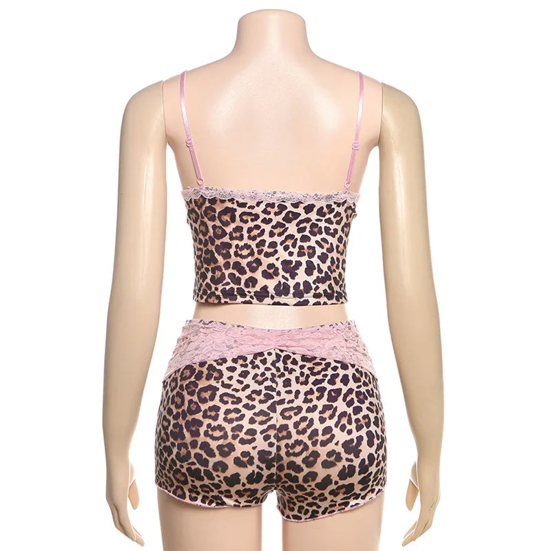 HLJ&GG Fashion Leopard Lace Stitching Two Piece Sets Women V Neck Spaghetti Strap Slim Crop Top + Shorts Outfits Sexy Streetwear