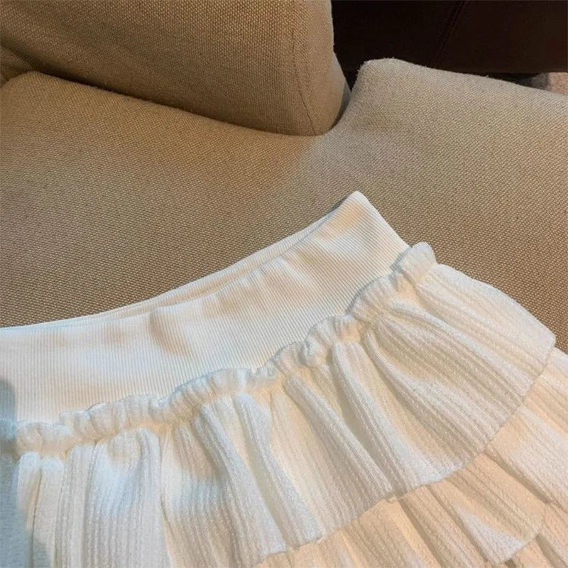 Sweet Puffy Cake Women Skirts Korean Fashion Ruched Ruffle Mini Skirt Campus Harajuku Casual Versatile Elastic Waist Solid Skirt