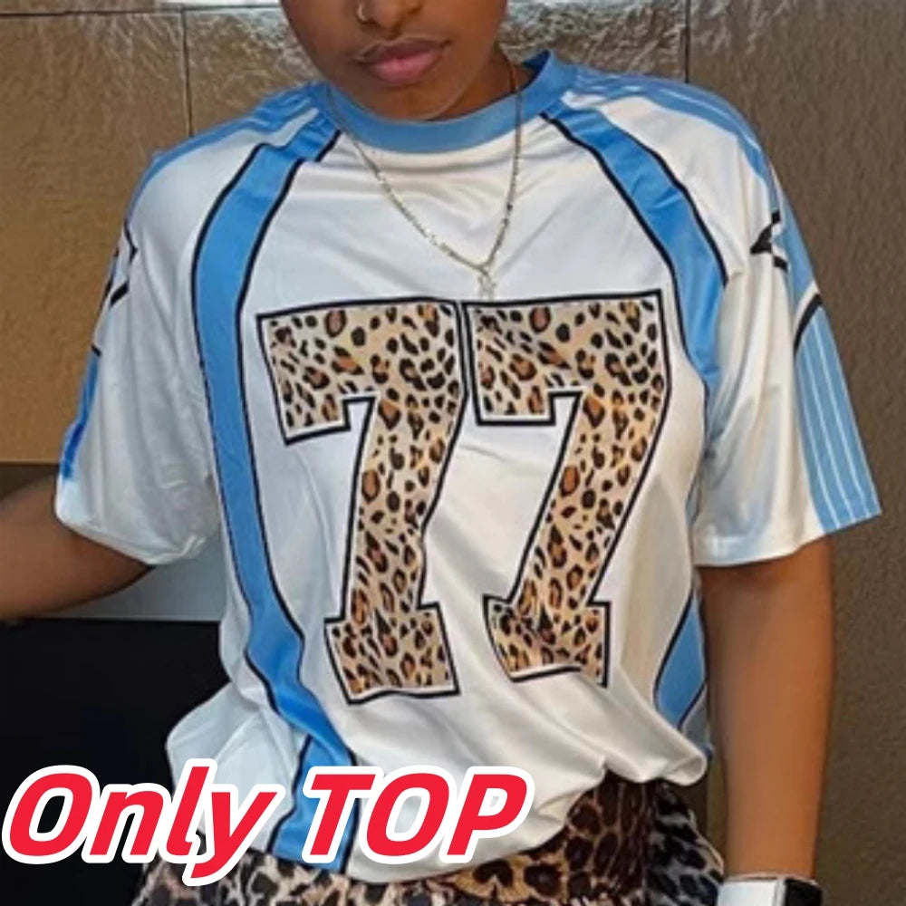 HLJ&GG Fashion Y2K Letter Leopard Puffy Mini Skirts Two Piece Sets Women Round Neck Short Sleeve Top + Skirts Outfits Streetwear