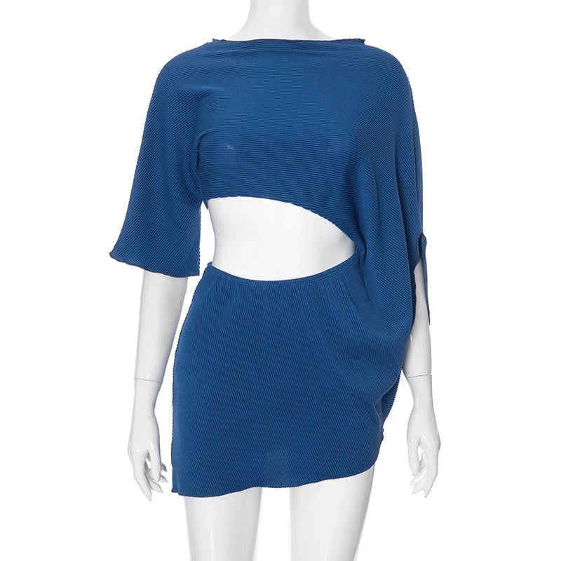 Weird Puss Ribbed Hollow Dress Women Chic Irregular Inclined Shoulder Hipster Stretch Solid Hipster Autumn Mini Bodycon Clubwear