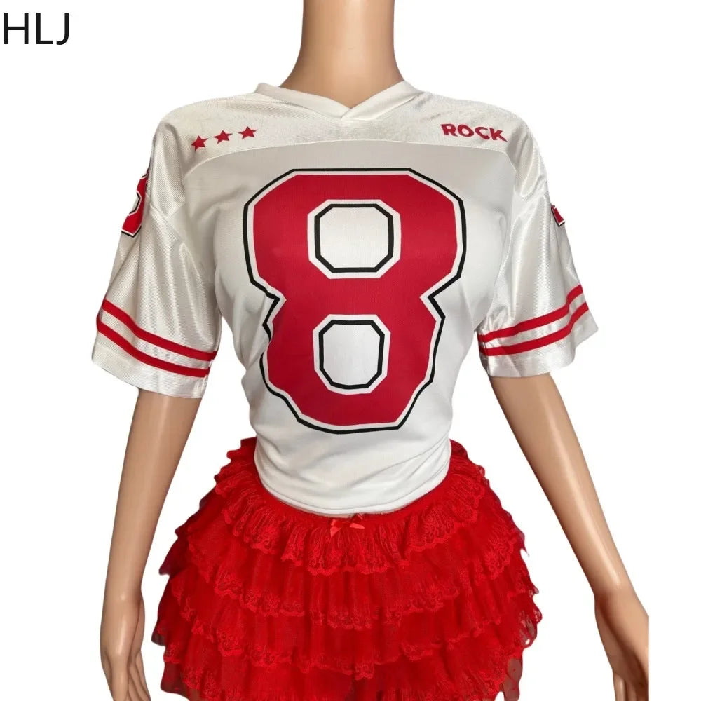 HLJ&GG Fashion Letter Print Loose Tshirts Two Piece Sets Women V Neck Top And Mesh Stacked Shorts Outfit Female Streetwear 2024