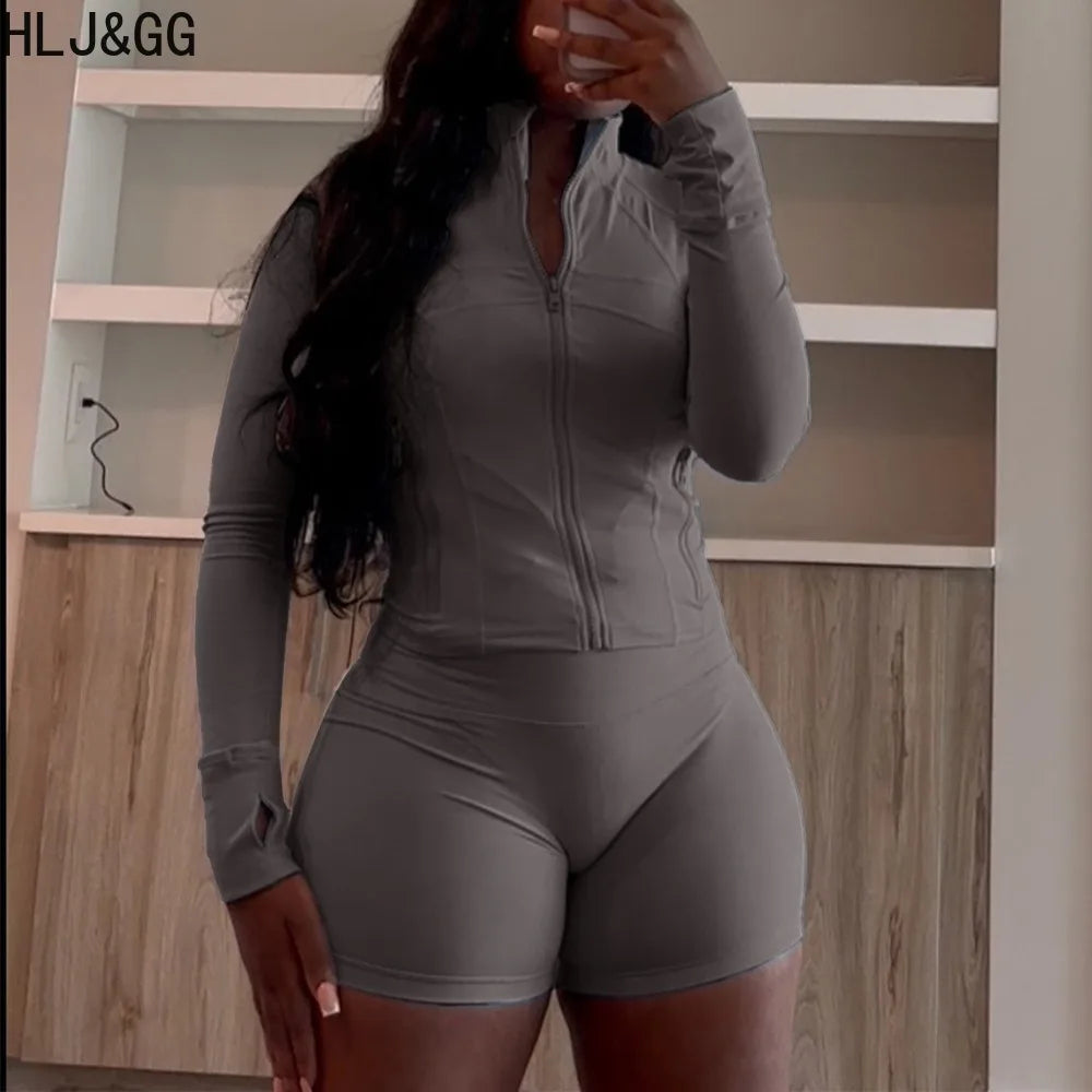 HLJ&GG Casual Sporty Skinny Shorts Two Piece Sets Women Zip Long Sleeve Slim Top + Shorts Outfits Summer New Stretchy Tracksuits