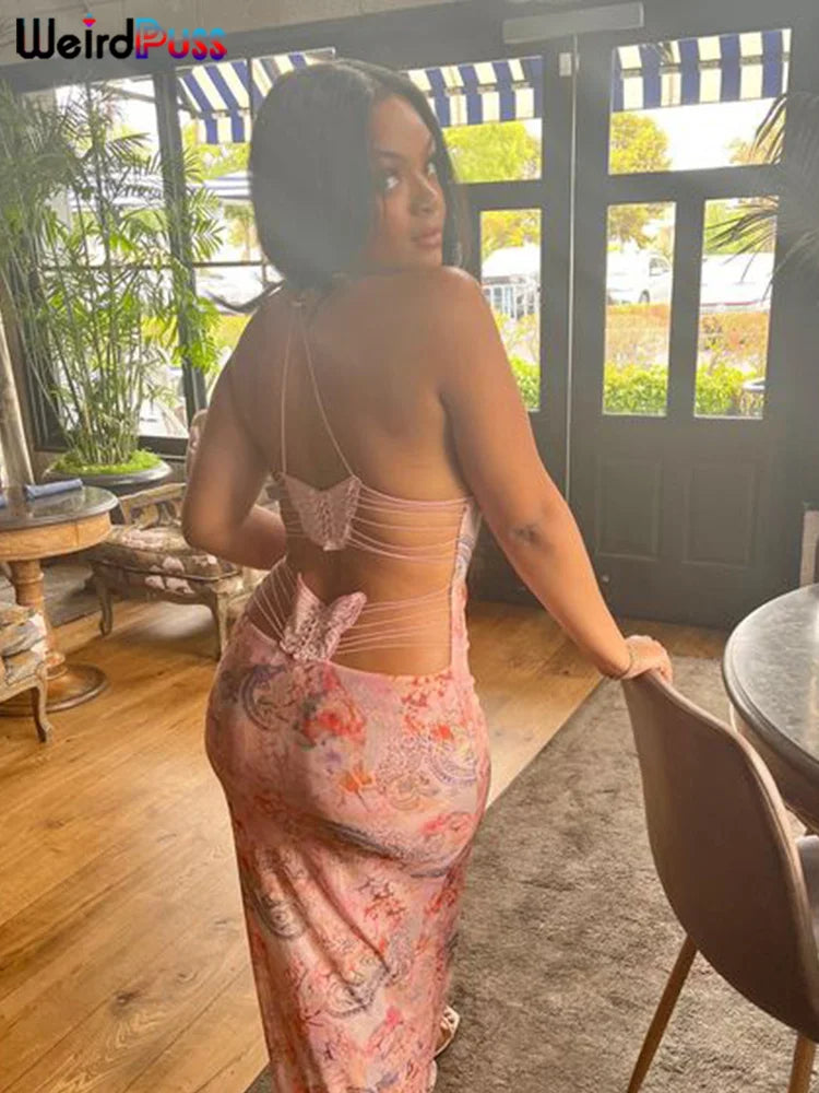 Weird Puss Chic Butterfly Women Maxi Dress Print Backless Spaghetti Straps V Neck Halter Bodycon Hot Girls Club Party Vestidos