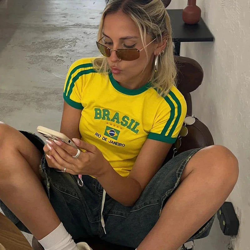 Aesthetic BRASIL Letter Print T-Shirt and Shorts Suit, Vintage Grunge Short Sleeve Baby Tees, Summer Crop Top Y2k Clothe