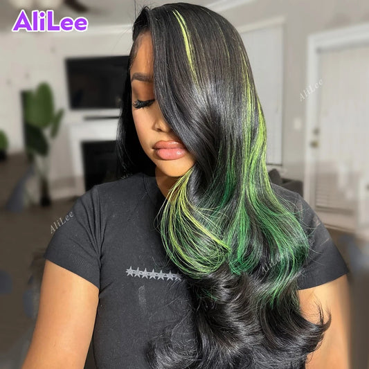 Highlight Green with Black Color Transparent Body Wave 13x6 13x4 Lace Frontal Human Wigs for Women Pre Plucked with Baby Hair