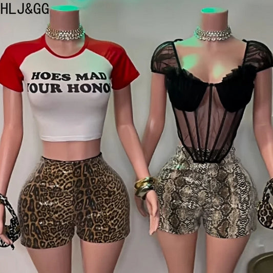 HLJ&GG Y2K Fashion Letter Print Slim Tshirts Two Piece Sets Women Round Neck Short Sleeve Top And Leopard Sequin Shorts Outfits