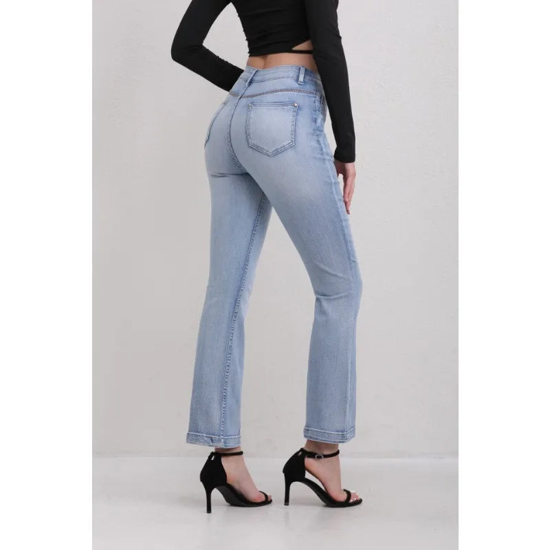 Women's High Waisted Light Blue Jeans with Panel Detail Flared Leg Fashionable Daily Wear Wide-leg jeans Stretch Straight Pants