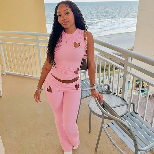 STYLISH LADY Cut Out Heart Fitness 2 Piece Set Women Sleeveless Crop Top and Skinny Pant Suits 2025 Summer Hot Girl Tracksuits