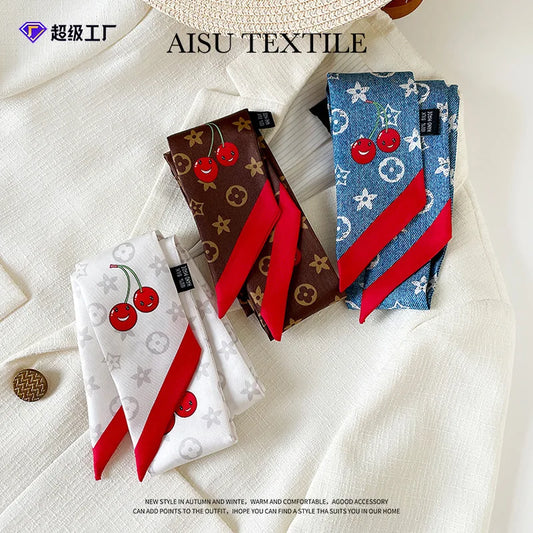 Vintage New Silk Scarf Hair Strap Women's Cherry Printed Mulberry Silk Scarf Long Strip Silk Scarf Float Accessories Scarf