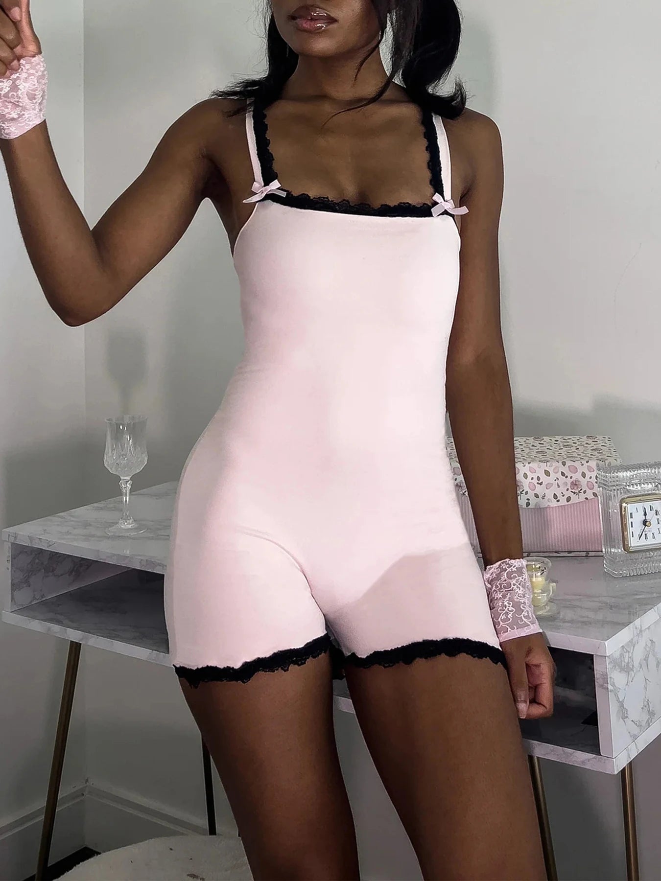 Contrast Lace Patchwork Square Collar Skinny Sexy Straps Rompers Playsuits Sweet Cute Y2K Clothing