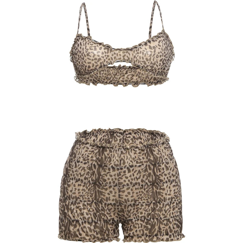 Weird Puss Leopard Print Women 2 Piece Set Sexy See Through Summer Ruffles Camisole+Shorts Vacation Matching Clubwear Outfits