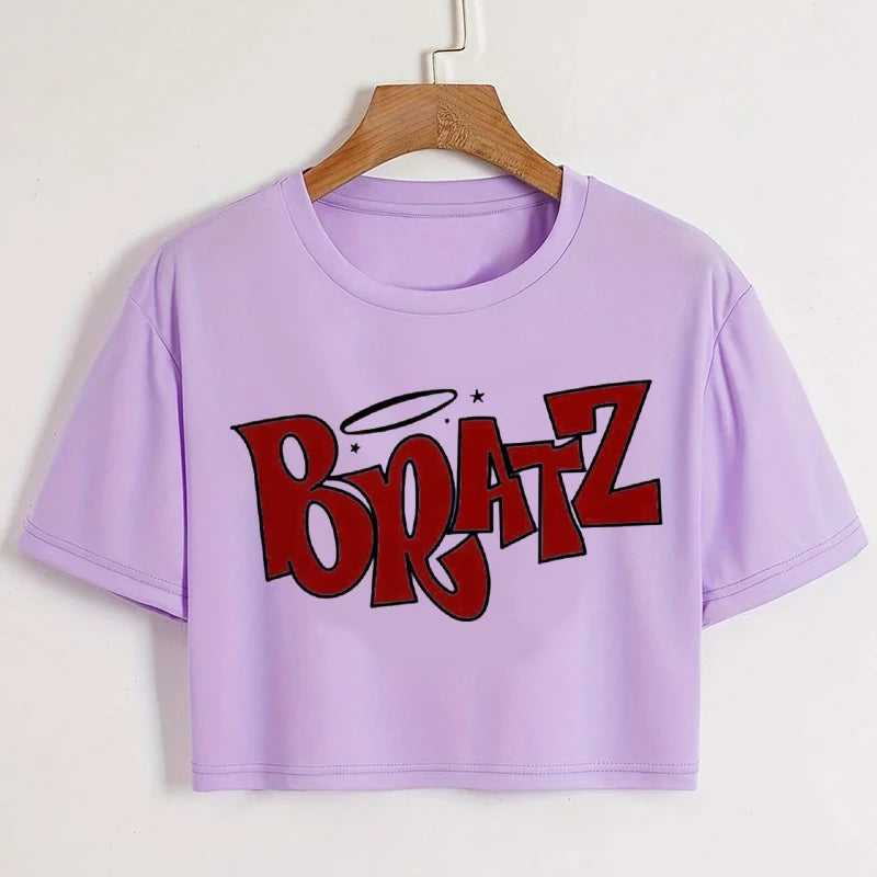 T Shirt Woman 2025 New in Cropped Cherry Print Crew Neck T-shirt Y2K Short Sleeve Fit Crop Top Spring Summer Women's Clothing