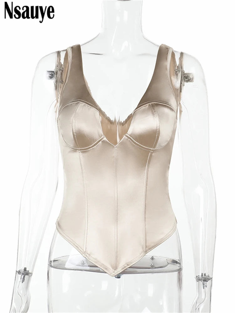 Nsauye Women Mini Skinny Y2K Sexy Club Underwear Corset Crop Tops Summer Fashion Elegant Satin V Neck Chic Vest Tank Tops 2025