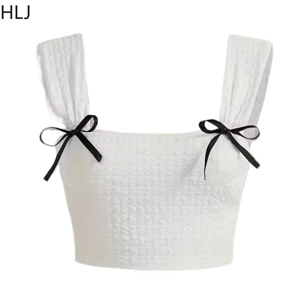HLJ&GG White Sweet Y2K Bow Puffy Mini Skirts Shorts Two Piece Sets Women Short Sleeve Slim Top And Skirts Outfits Streetwear