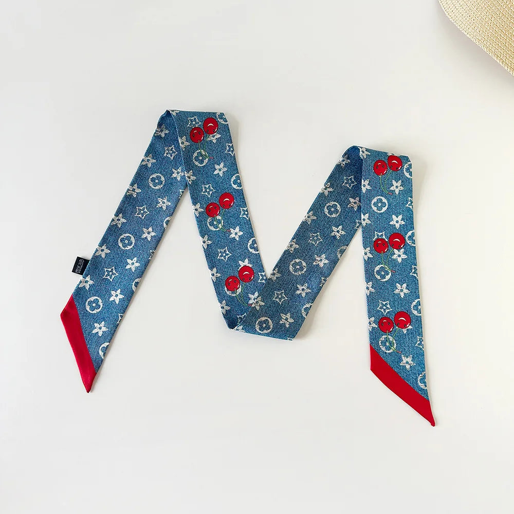 Vintage New Silk Scarf Hair Strap Women's Cherry Printed Mulberry Silk Scarf Long Strip Silk Scarf Float Accessories Scarf