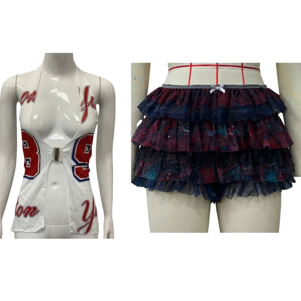 HLJ&GG American Vintage Women Streetwear Y2K Halter Hollow Letter Print Irregular Top And Ruffle Skirts Two Piece Sets Outfits