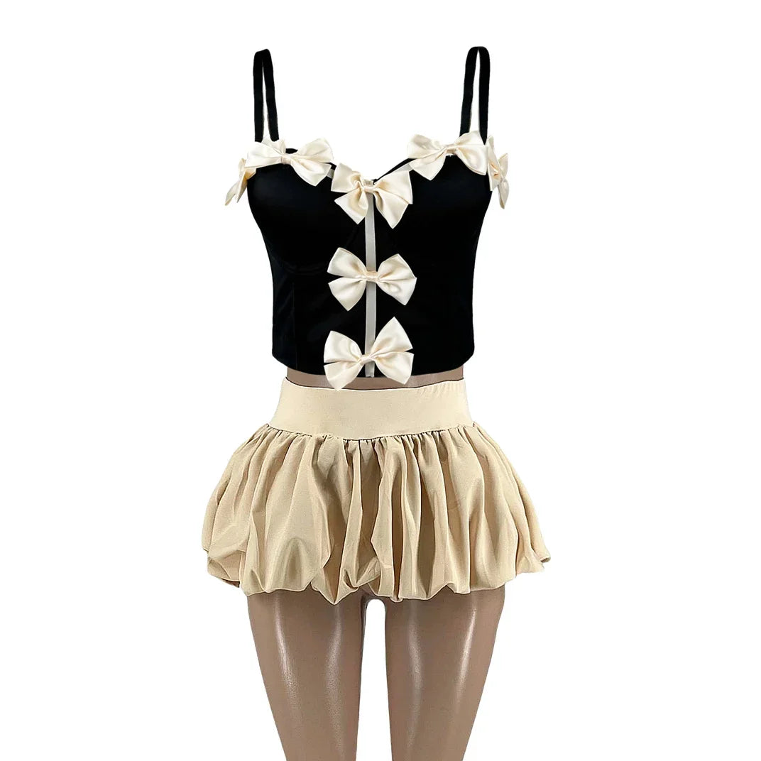 HLJ&GG Sweet Bow Fashion Corset Vest Two Piece Sets Women Thin Strap Slim Tank Top + Puffy Mini Skirts Outfits Female Streetwear