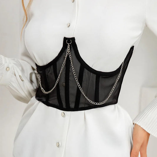 Sexy Corset Underbust Punk Metal Chain Black Women Top Curve Shaper Strap Slimming High Waist Belt Lace Green Corset