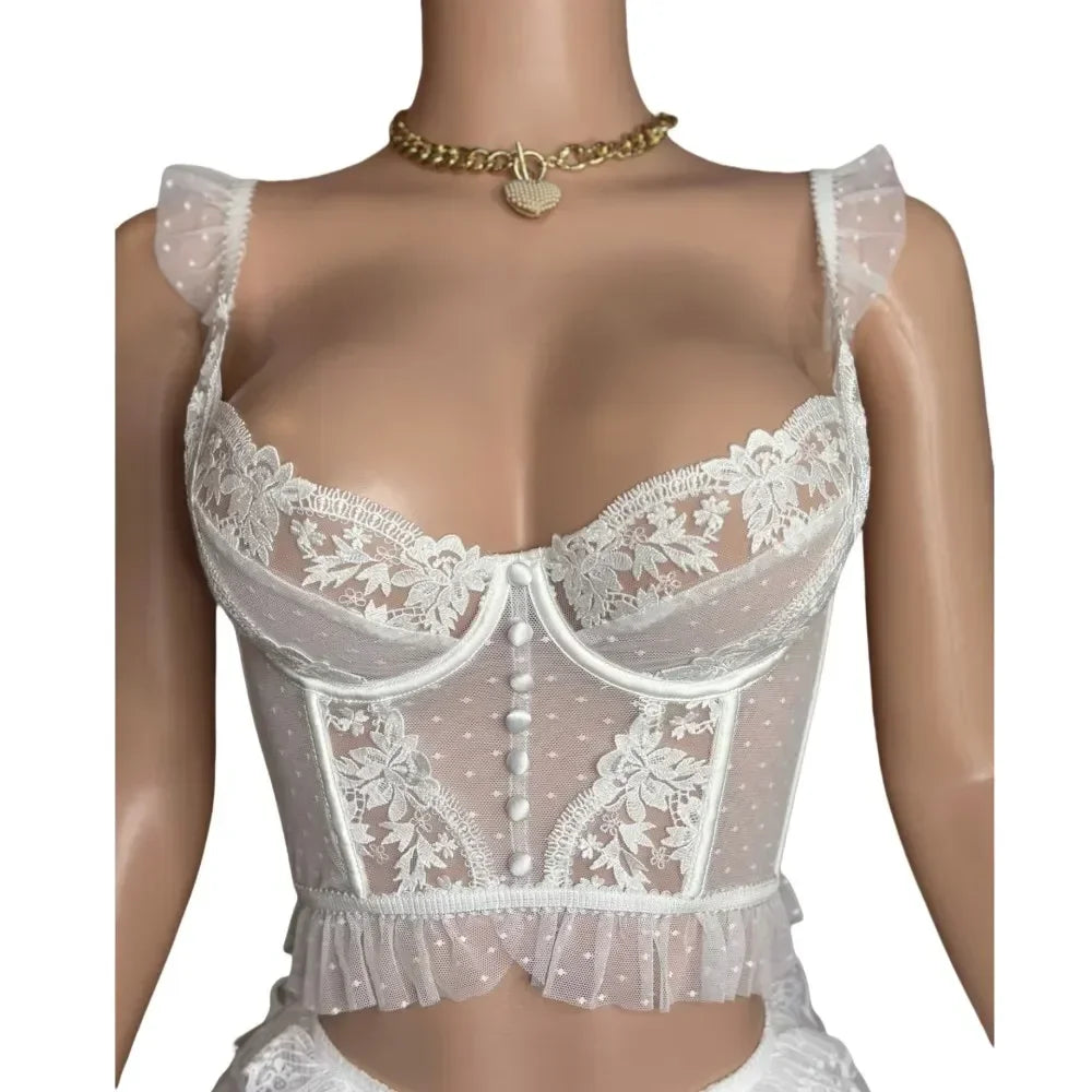 HLJ&GG Lace Sexy Embroidery Sheer Two Piece Sets For Women Thin Strap Tank Top + Ruffle Mini Skirts Shorts Outfit Party Clubwear