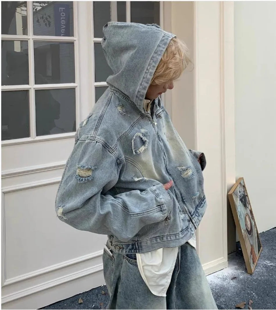 New Hooded Mens Denim Jacket 2024 American Retro High Street Loose Couple Tops Hip Hop Streetwear Trendy Washed Cowboy Coats