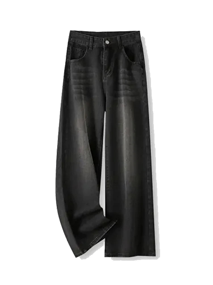 Korean Vintage High Waist ladies Jeans Y2K Slimming Pear-Shaped Loose Straight Bell Bottoms Black Gray Baggy Trousers