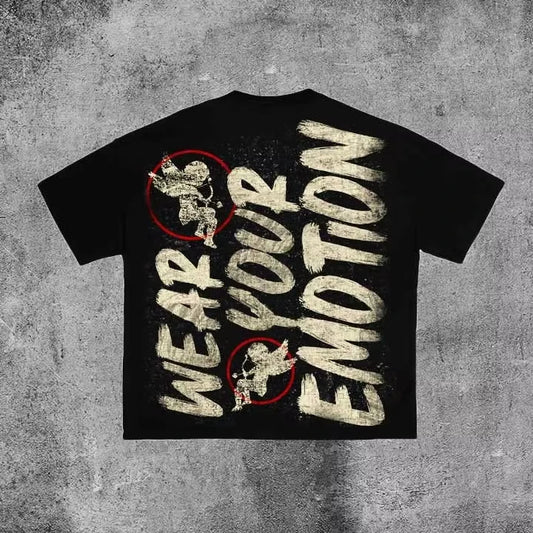 Vintage Emotion Angle Graphic 100% Cotton Short Sleeve T-Shirt Men Y2K Summer Short Sleeves Oversize Tshirt Streetwear Women Top