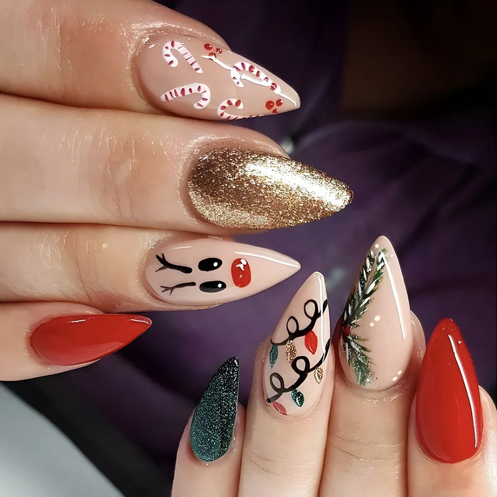 24pcs Glitter Pink Sequins Fake Nails 2025 Halloween Scary Skull Love Print False Nails Wearable European Ballet Press on Nails