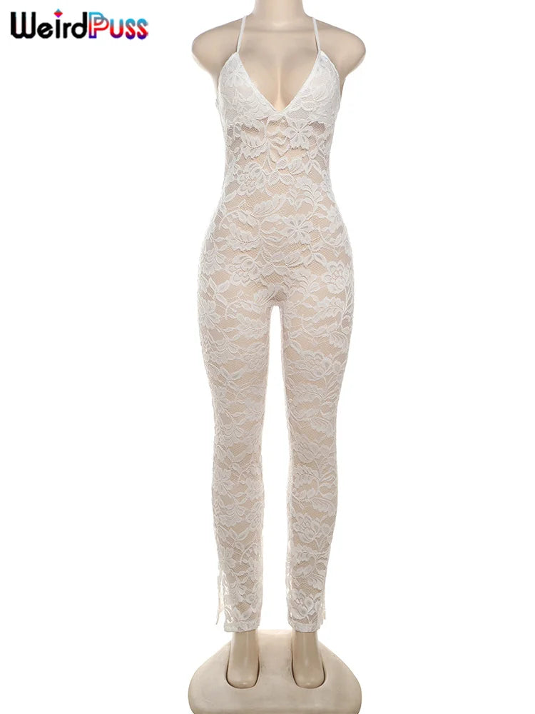 Weird Puss Cross Backless Jumpsuit Women Sexy See Thorough v-Neck Sleeveless Summer Coquette Stretch Activity Workout Overalls
