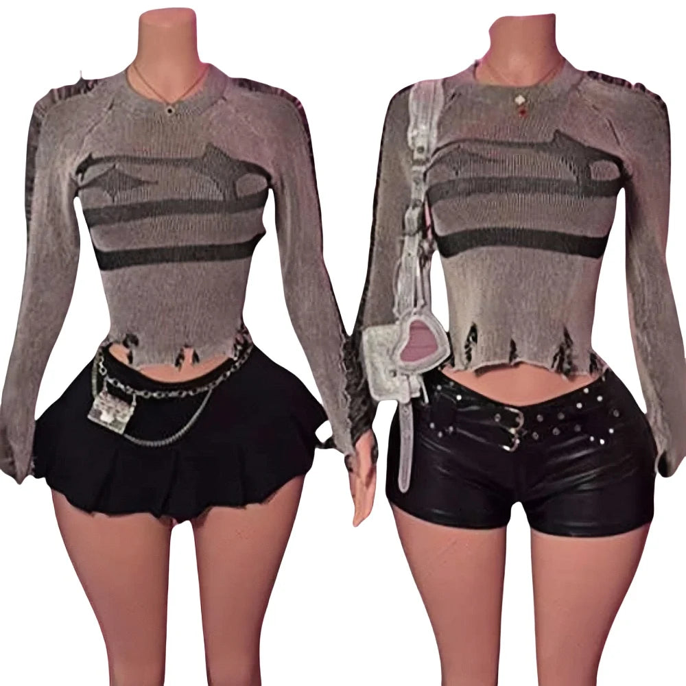 HLJ&GG American Vintage Style Women Knitting Print Long Sleeve Slim Top And Mini Pleated Skirts Outfits Fashion Y2K 2pcs Clothes