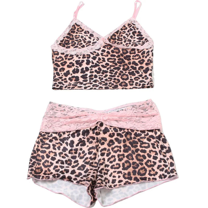 HLJ&GG Fashion Leopard Lace Stitching Two Piece Sets Women V Neck Spaghetti Strap Slim Crop Top + Shorts Outfits Sexy Streetwear