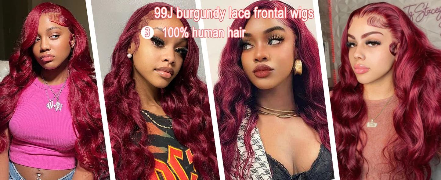 250%Density Body Wave 99j Burgundy Red Wig Human Hair 13x4 13x6 HD Lace Frontal Wig Human Hair Pre Plucked 100% Real Human Hair