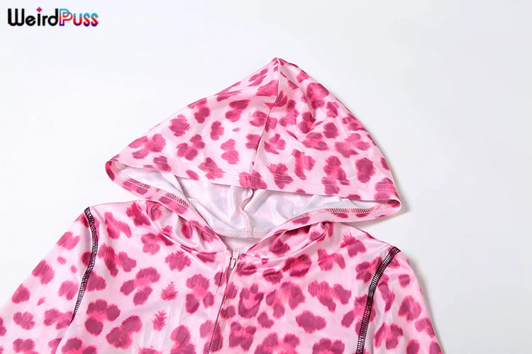 Weird Puss Leopard Contrast Letter Print 2 Piece Set Women Hooded Full Sleeve Crop Jacket+Skinny Stretch Flare Pants Trend Suits