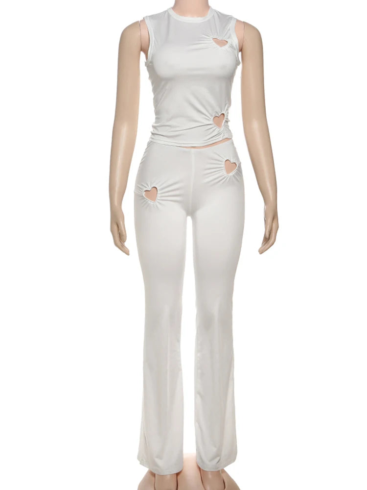Weird Puss Heart Hollow 2 Piece Set Women o-Neck Sleeveless Tops+Skinny Stretch Pants Vacation Casual Simple Elegant Solid Suits