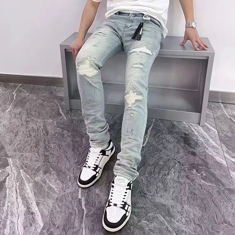 2025 Spring New Ripped Hole Denim Man's Pants Washing Light Blue Hip Hop Slim Fit Men's Trousers High Street Blue beggar Jeans