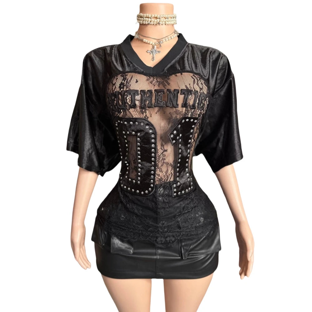 HLJ&GG Sexy Lace Splicing Letter Print Loose Tshirts Women V Neck Short Sleeve Straight Tops Fashion See Though Club Streetwear