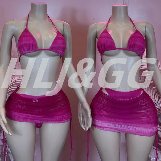 HLJ&GG Sexy Gradient Pink 3 Piece Sets Woman Bikini Outfit Halter Backless Crop Top + Underpants + Skirt Female Swimwear New