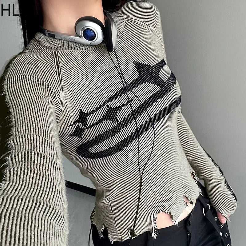 HLJ&GG American Vintage Y2K Leather Shorts Two Piece Sets Women Long Sleeve Knit Top And Shorts Outfits Fashion Streetwear New