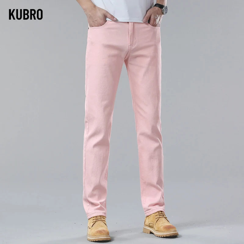 White Yellow Pink fashion 5 Color Men's Cotton Casual Pants Jeans Slim Straight Solid Color Business Trousers Four Seasons Brand