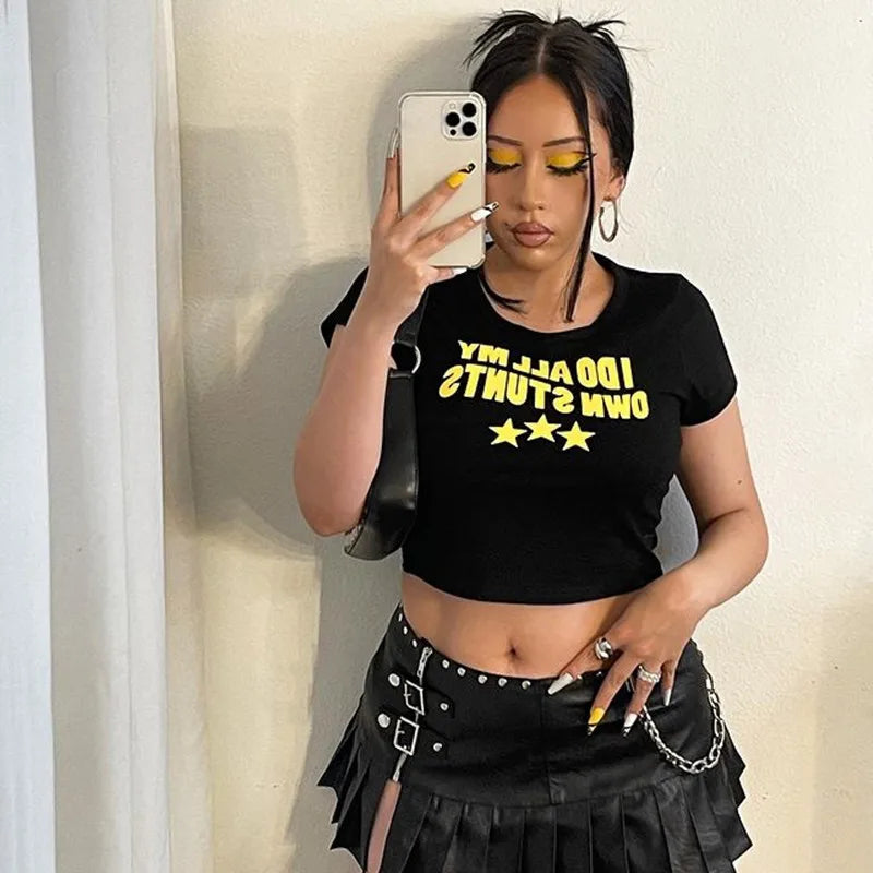 Y2K letter graphics Baby Tee Vintage girl Crop Tops Slim 2000s fairy grunge aesthetic Harajuku Short Sleeve T-shirt Summer