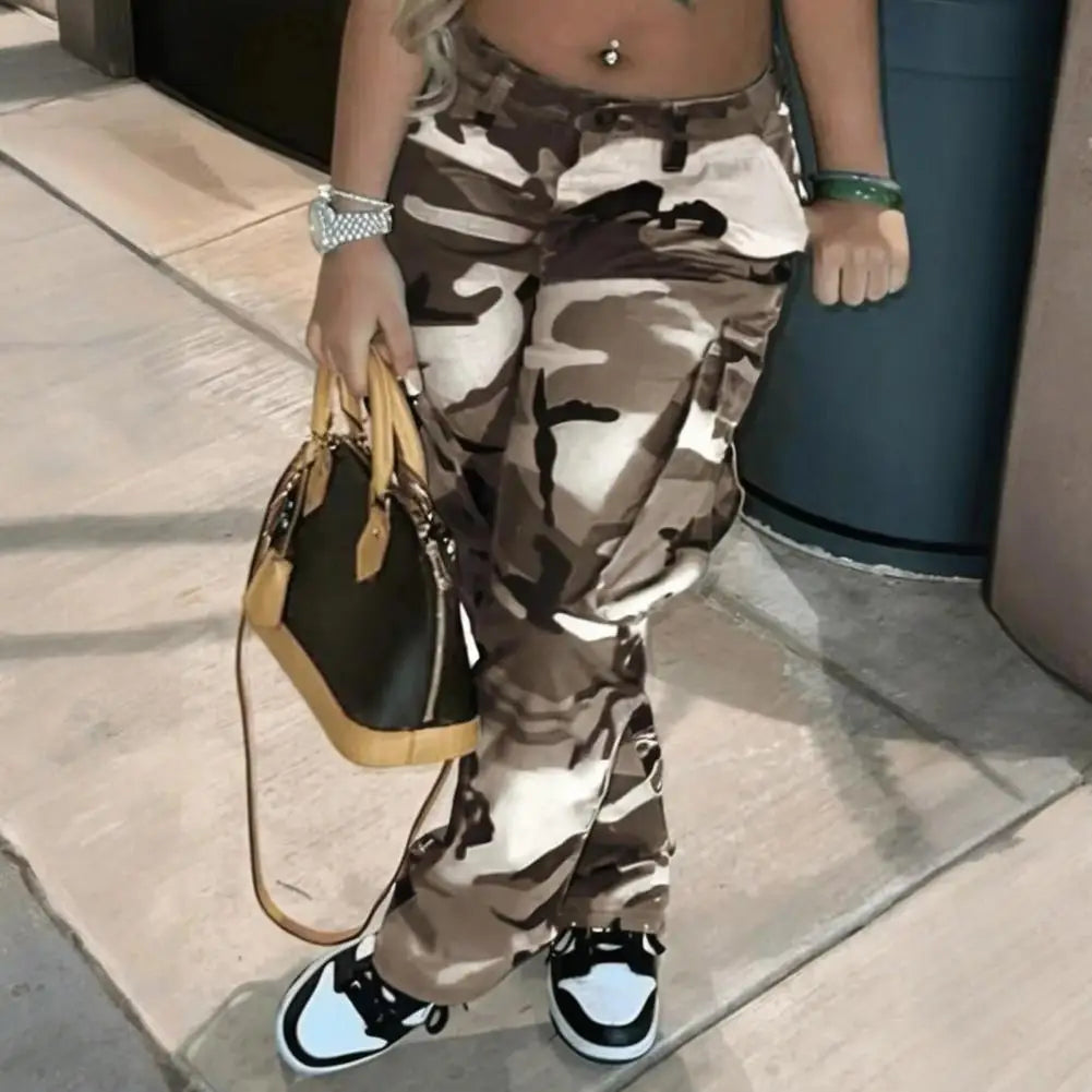Women's Camo Print Cargo Pants High Waist Wide Leg Baggy Streetwear Casual Camouflage Military Trousers with Pockets