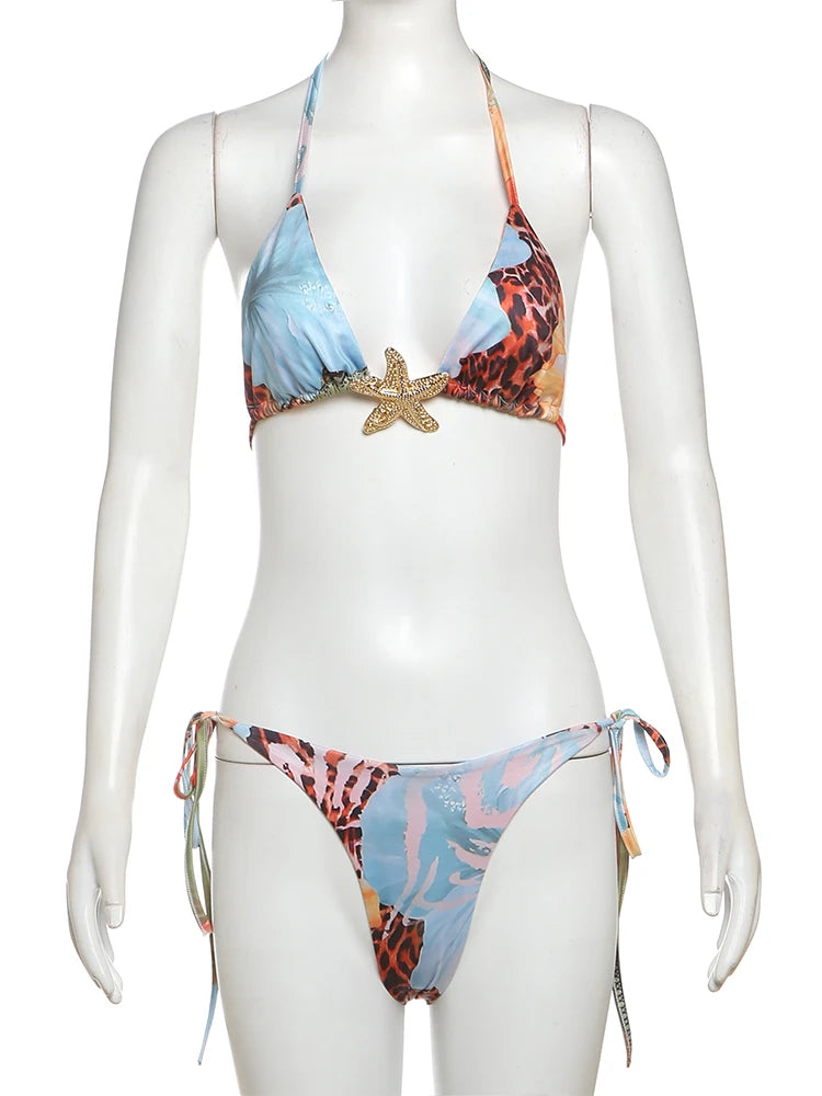 Weird Puss Beach Style Women 3Piece Set Swimsuit Colorful Print Bandage Bra+Briefs+Maxi Skirts Vacation Midnight Club Party Suit