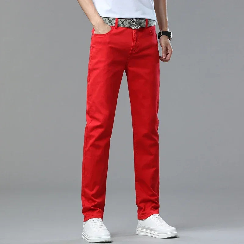 White Yellow Pink Red Fashion 5 Color Fashion Men's Stretch Jeans Slim Streetwear Korean Business Straight Casual Denim Trousers