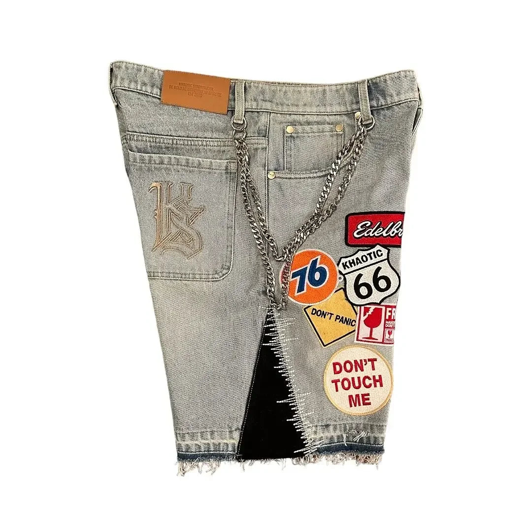 Female Streetwear Retro Patchwork Shorts Y2K Jeans Cartoon Embroidery Shorts Low Waist Over The Knee Pants Casual Shorts