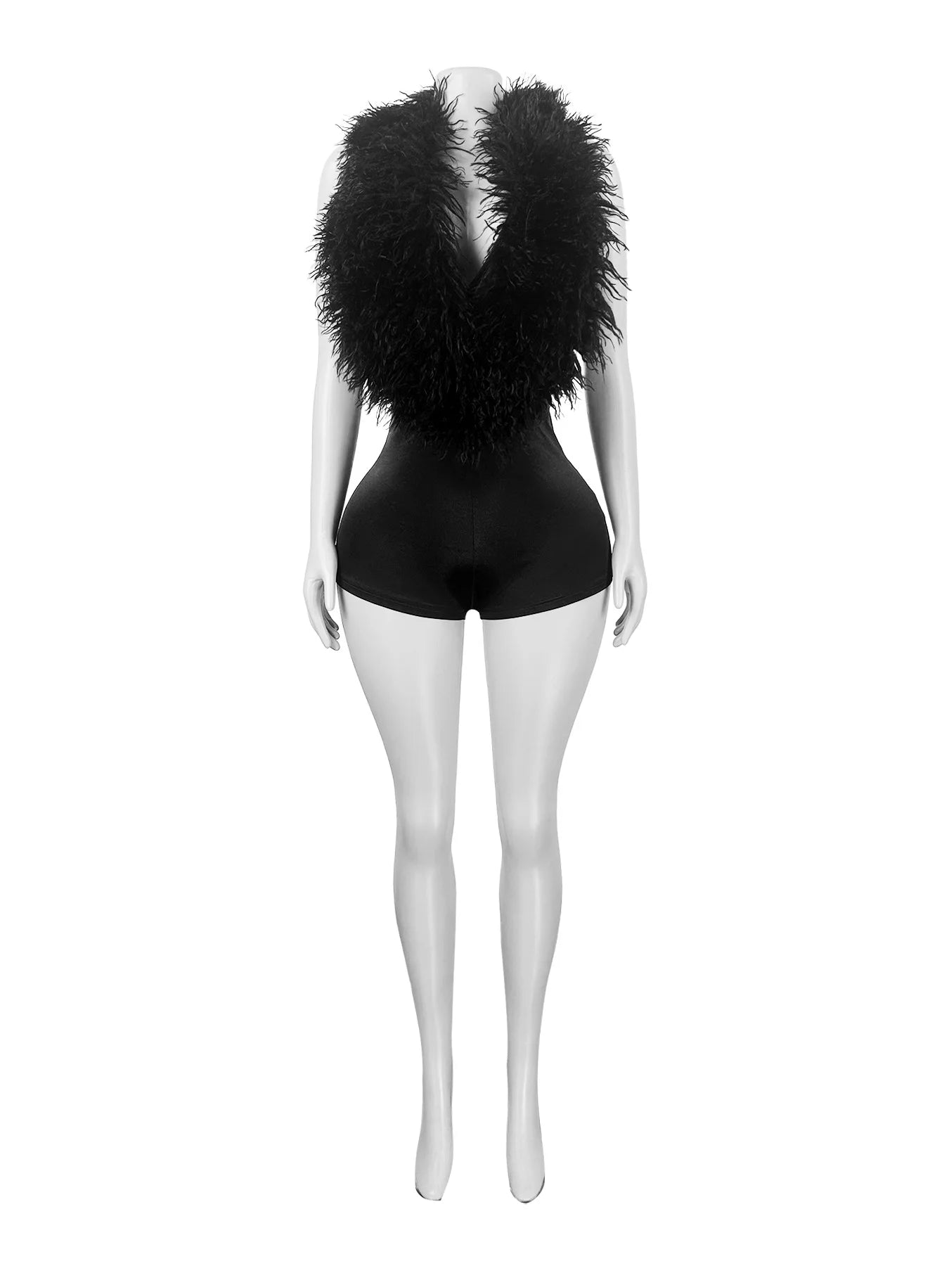Joskaa Women's Sexy Faux Fur Romper Halter Deep V Backless Activity Workout Fit Skinny Playsuits Holiday Club Rompers S-XXL