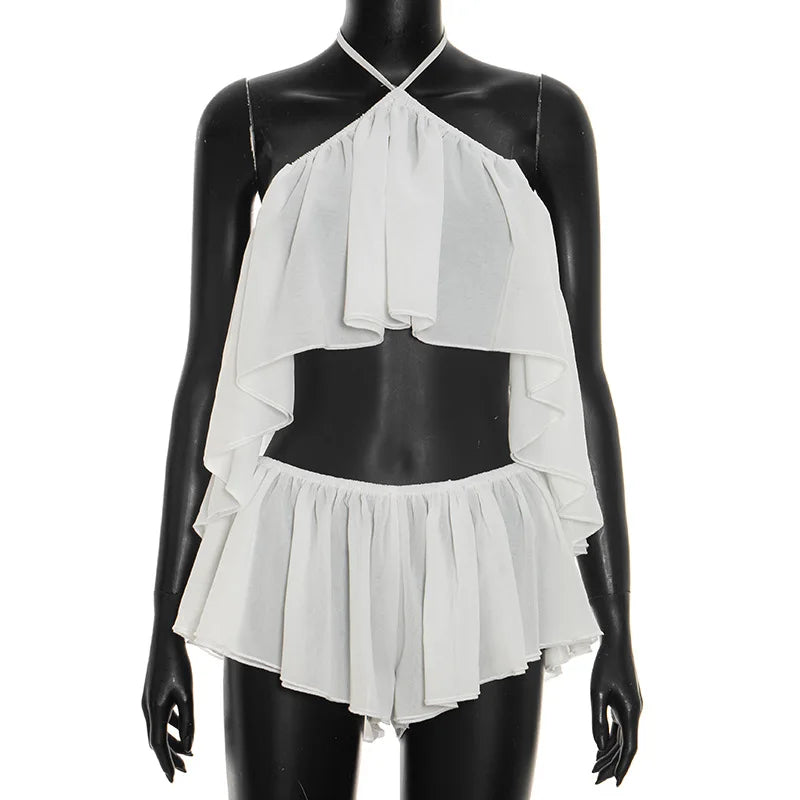 Sexy Halter Backless Women Two Piece Short Sets 2026 New Summer Vacation Beach Outfits Ruffles Crop Top and Micro Shorts Skirts