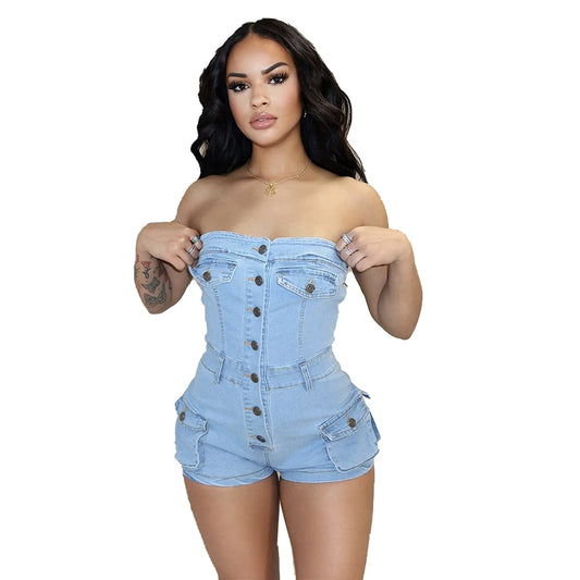 Kricesseen High Street Button Details jeans Jumpsuits Overalls For Women Strapless Pockets Jeans Playsuits Night Out Bodysuits