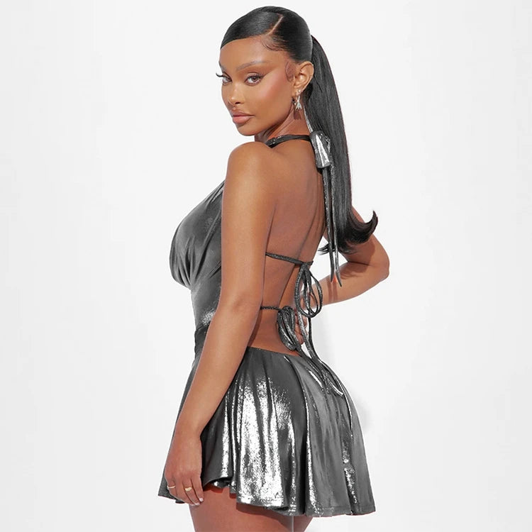 STYLISH LADY Shiny Metallic Pleated Dress 2025 Summer Women Halter Backless Luxury Silver Gold Club Party Evening Mini Dresses