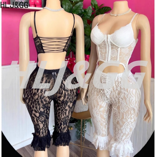 HLJ&GG Sexy Lace See Though Bandage Skinny Shorts Two Piece Sets Women V Neck Spaghetti Strap Slim Crop Top And Shorts Outfits
