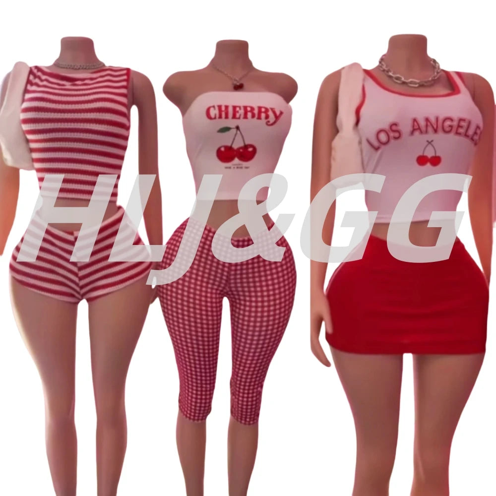 HLJ&GG Red Stripe Knitting Y2K Fashion Streetwear Women O Neck Sleeveless Slim Crop Top And Shorts Two Piece Sets Outfits 2025